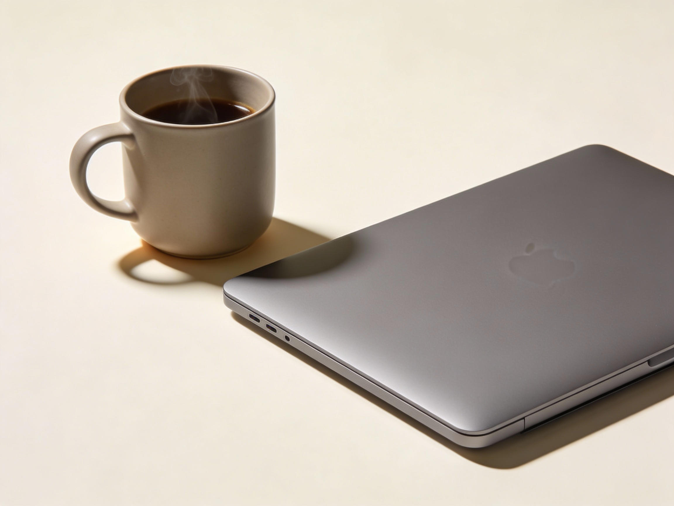 Eine weiße Tasse mit Kaffee, daneben ein silberner MacBook-Laptop auf einem hellen Hintergrund.