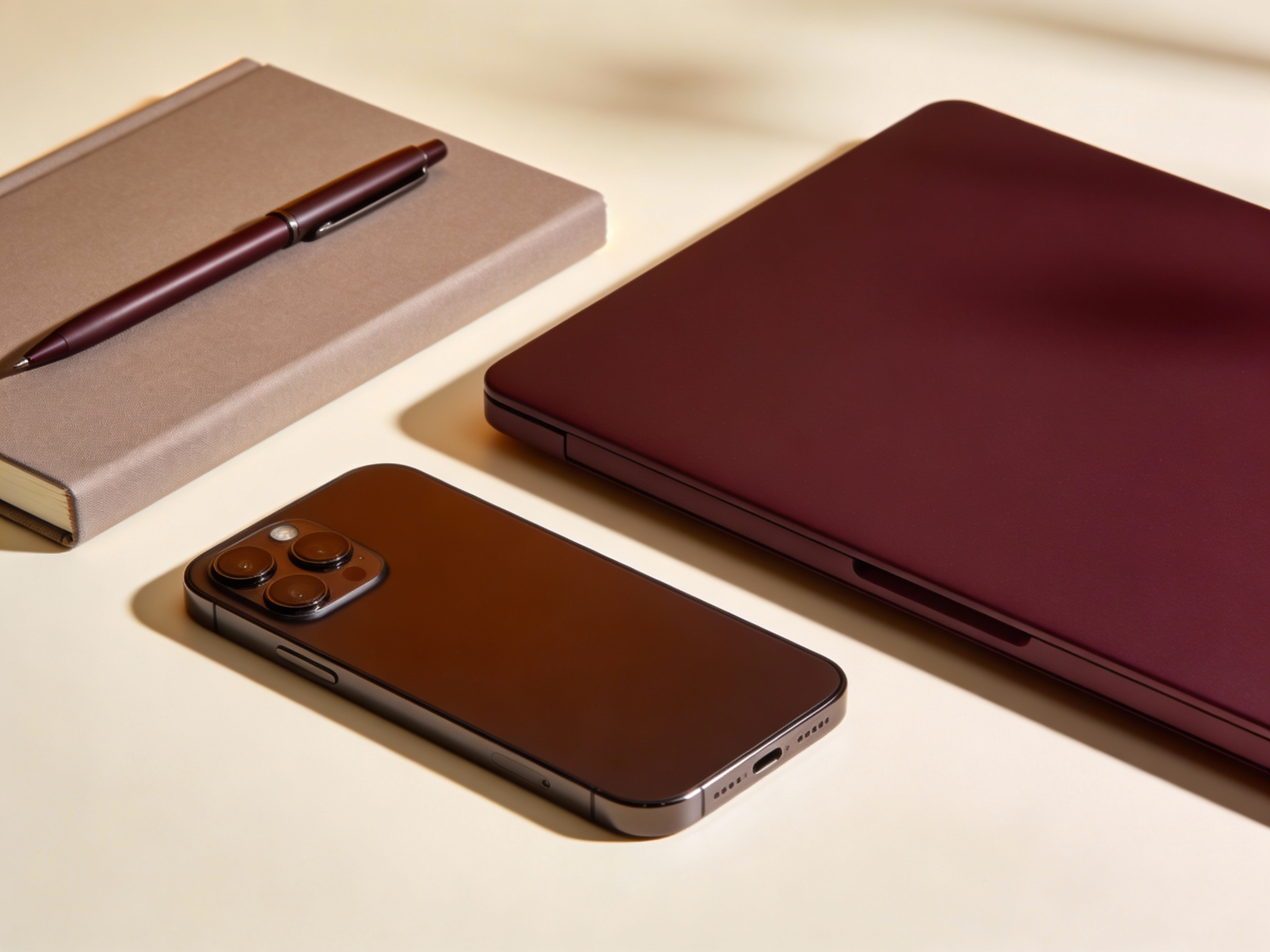 Schreibtisch mit brauner Notizbuch, dunkler Schreibfeder, rotem Laptop, schwarzem Smartphone und dunkelrotem Tablet.