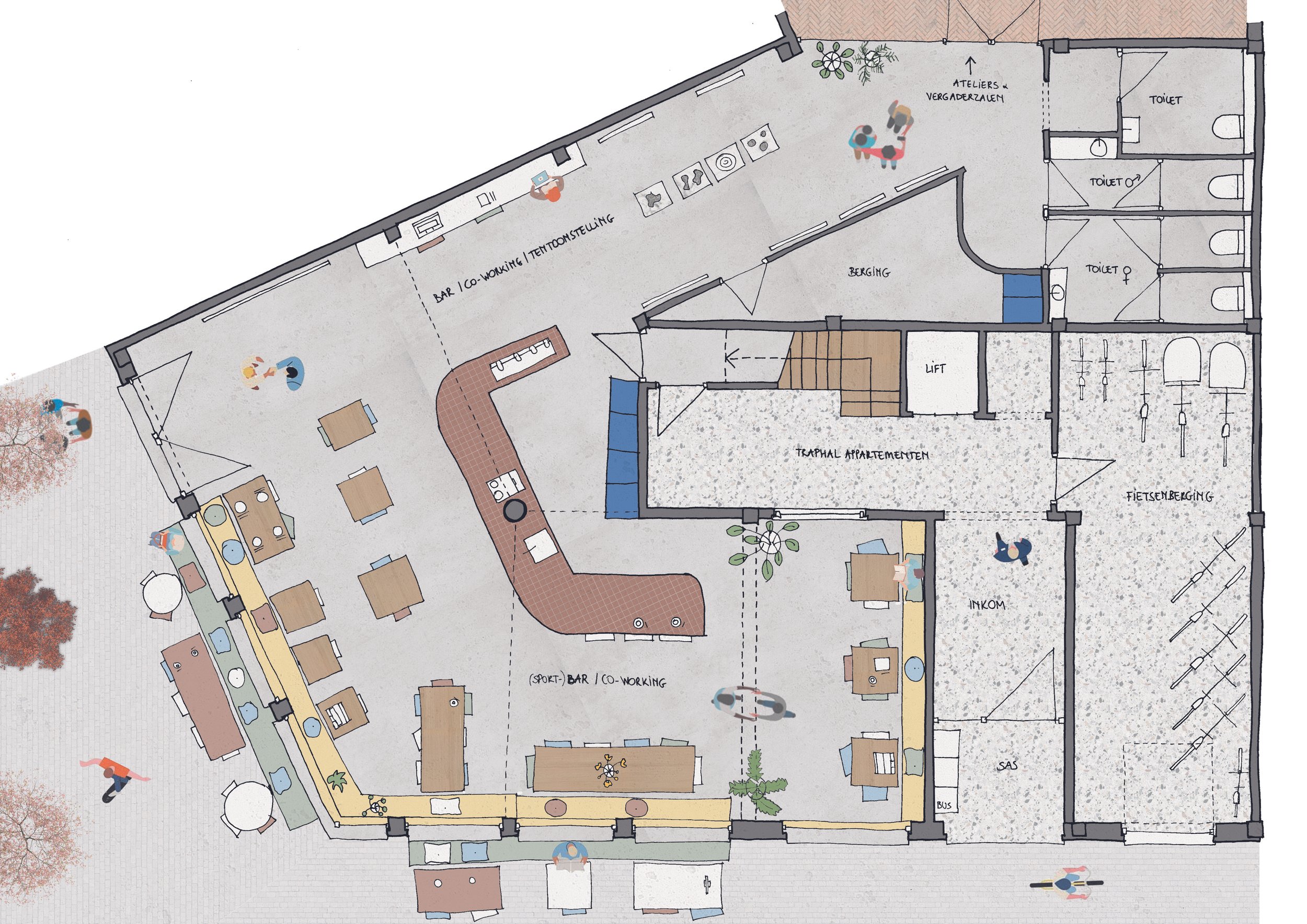 Een plattegrond van een binnenruimte met een bar, werk- en tentoonstellingsruimte, fietsenstalling, toiletten, berging, lift, trappenhuis, inkom, en verschillende werkplekken en zitplekken, versierd met planten en kleine tafels.