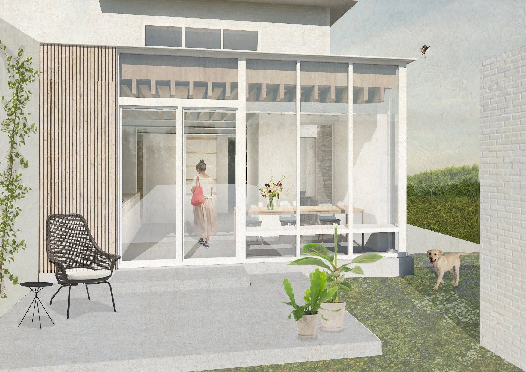 Moderne tuin met patio, glazen serre, zitje, planten, gras, hond en vogel.