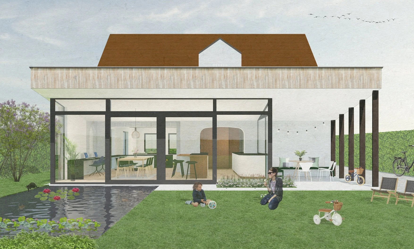 Moderne woning met een grote tuin, daarin zitten een vrouw en een kind die spelen. De tuin heeft een vijver met waterlelies en een grasveld met kinderspelletjes. Aan de rechterkant staan fietsen en tuinmeubilair, de woning heeft grote glazen ramen.