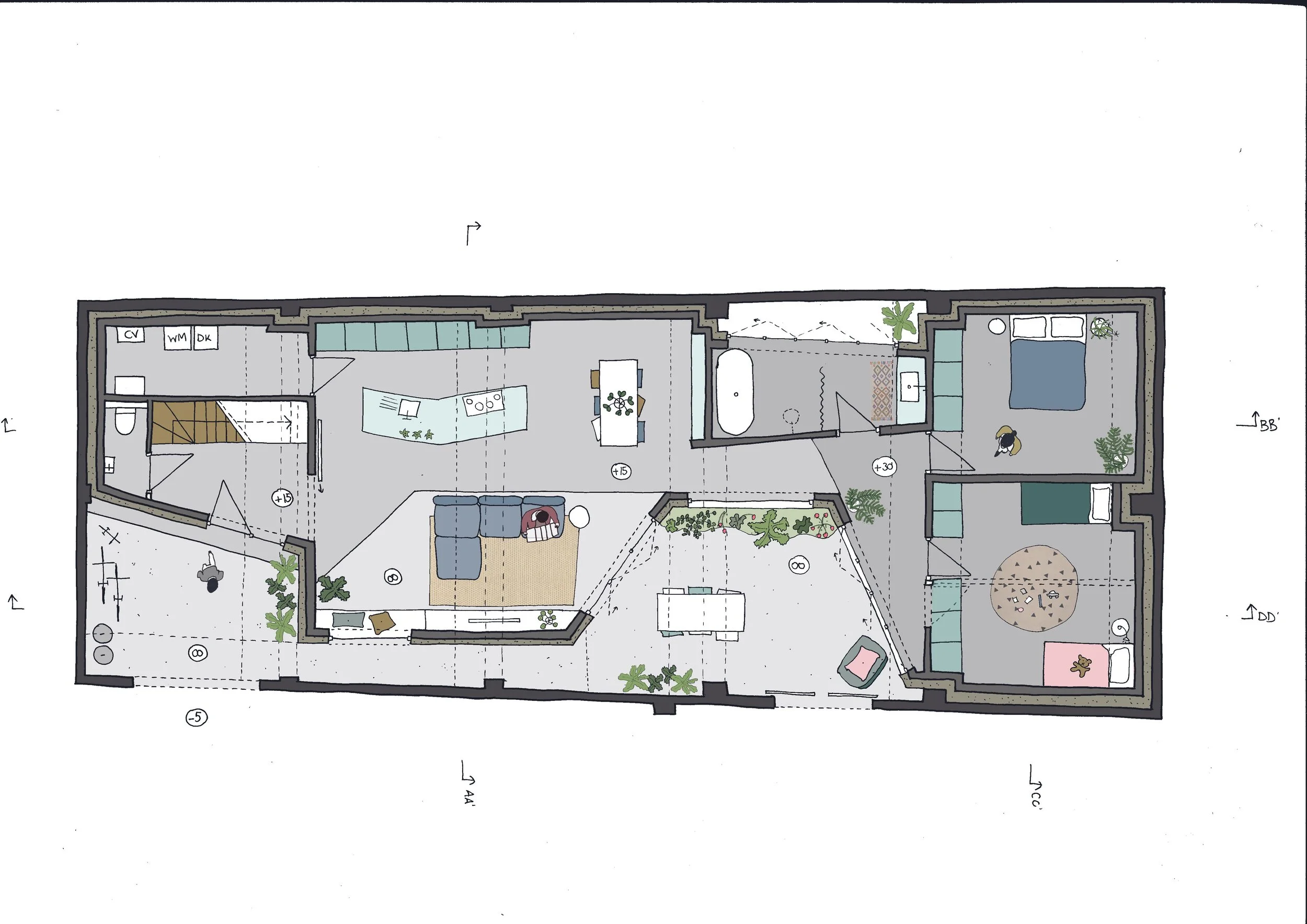 Een plattegrond van een appartement met verschillende kamers, inclusief woonkamer, keuken, badkamer en slaapkamers, met meubels en decoraties.