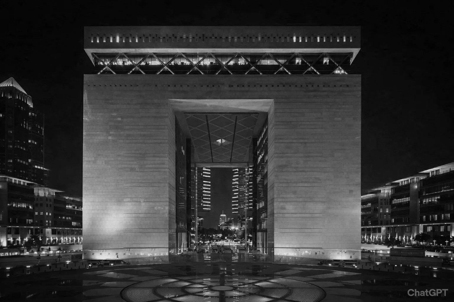 Night view of a modern, illuminated building with an arch-shaped opening, in a cityscape with other buildings in the background, black and white photography.