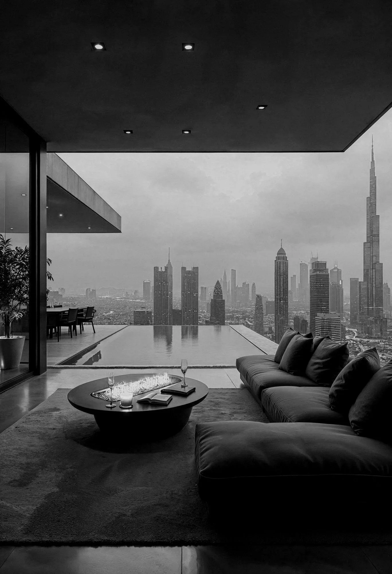 Modern living room with large window overlooking a city skyline including the Burj Khalifa, furnished with a sectional sofa, round coffee table, and outdoor dining area.