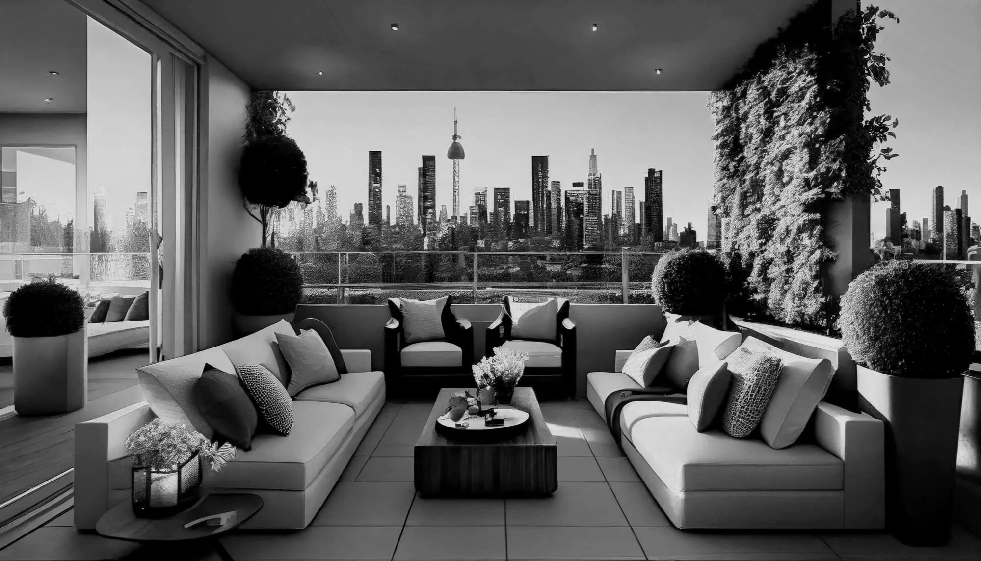 Modern balcony with outdoor seating area and city skyline view in black and white.
