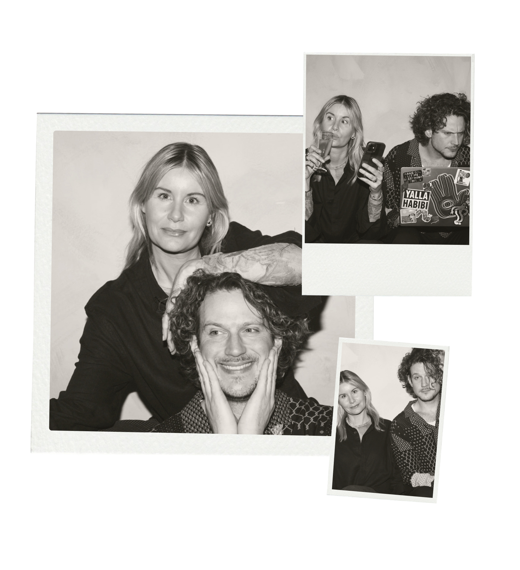 Verschillende zwart-wit fotocollages van drie mensen: een man met krullend haar, een vrouw met lang haar en een andere vrouw met een glas en een telefoon.