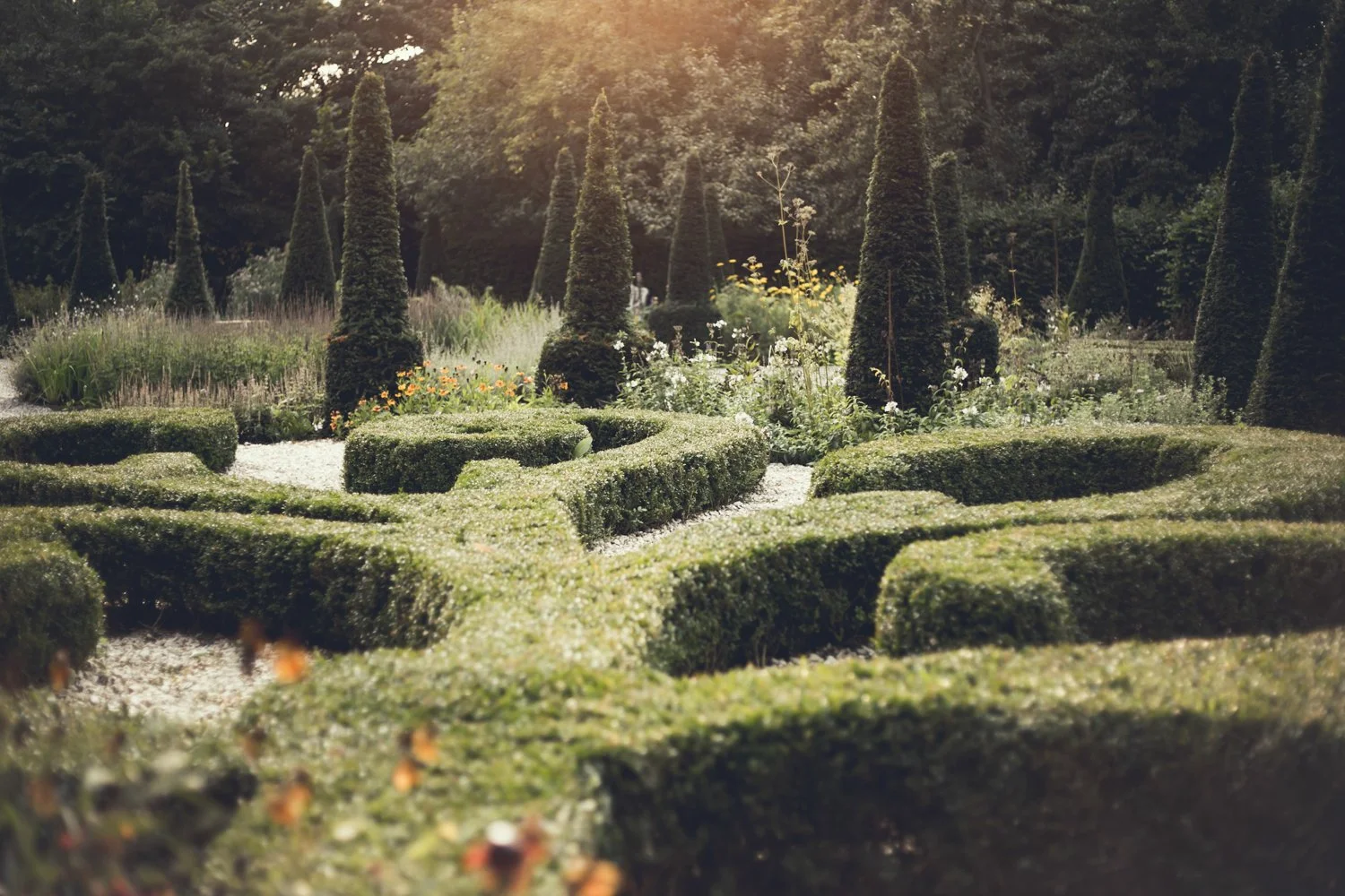 Een siertuin met strak gesnoeide heggen en gedraaide vormen, omringd door hoge, conische bomen en diverse bloemen, onder een zonnige hemel.