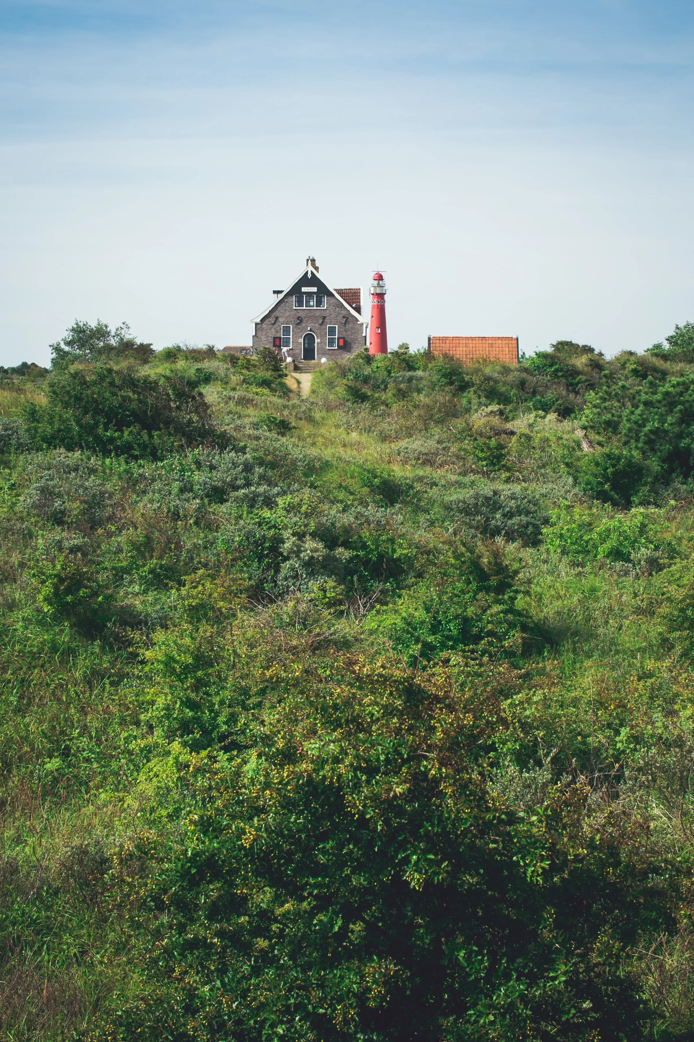 Huizen en een vuurtoren op een heuvel met groen struikgewas op de voorgrond onder een lichte blauwe lucht.