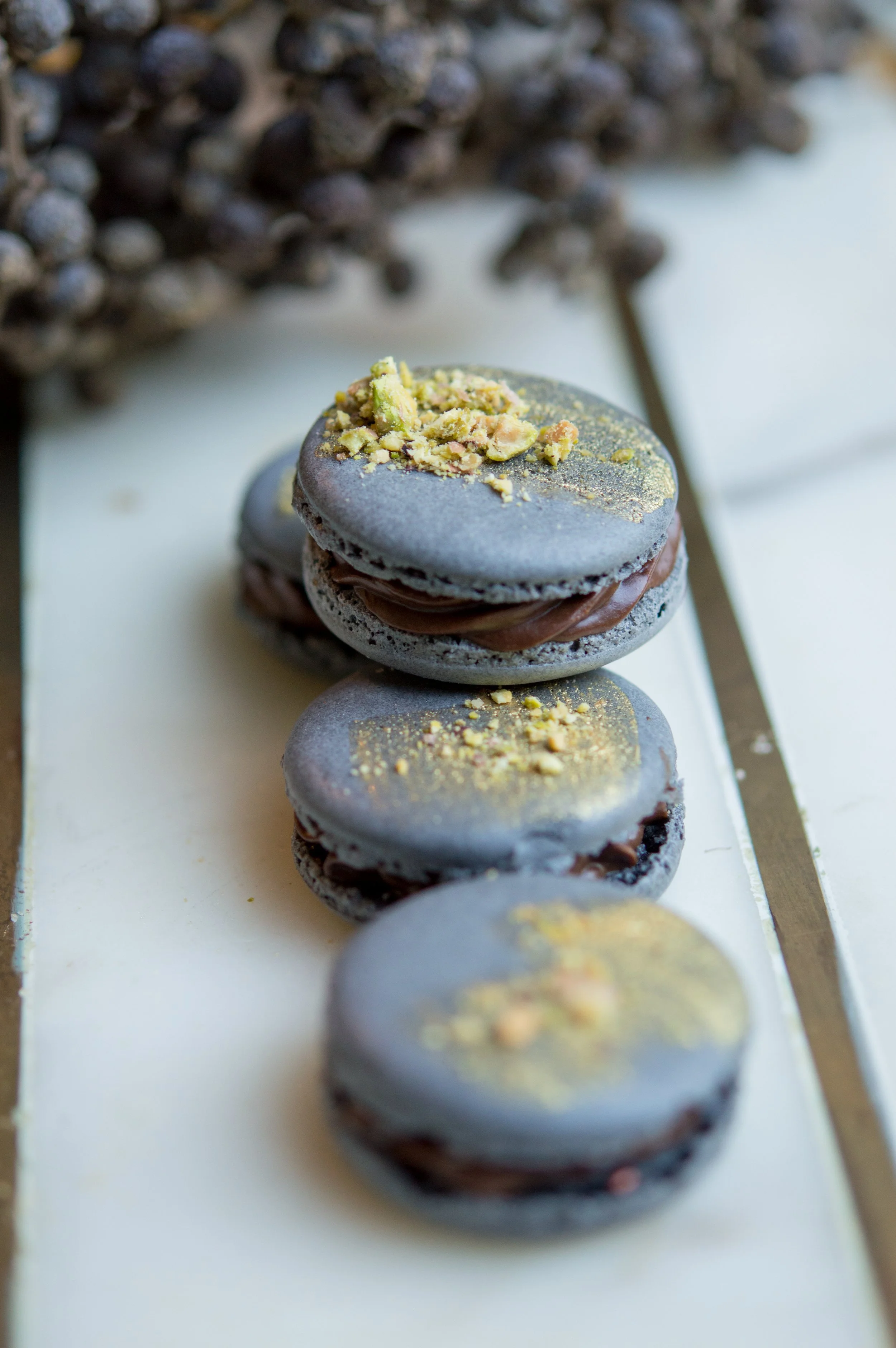 Dark Chocolate Pistachio Macarons