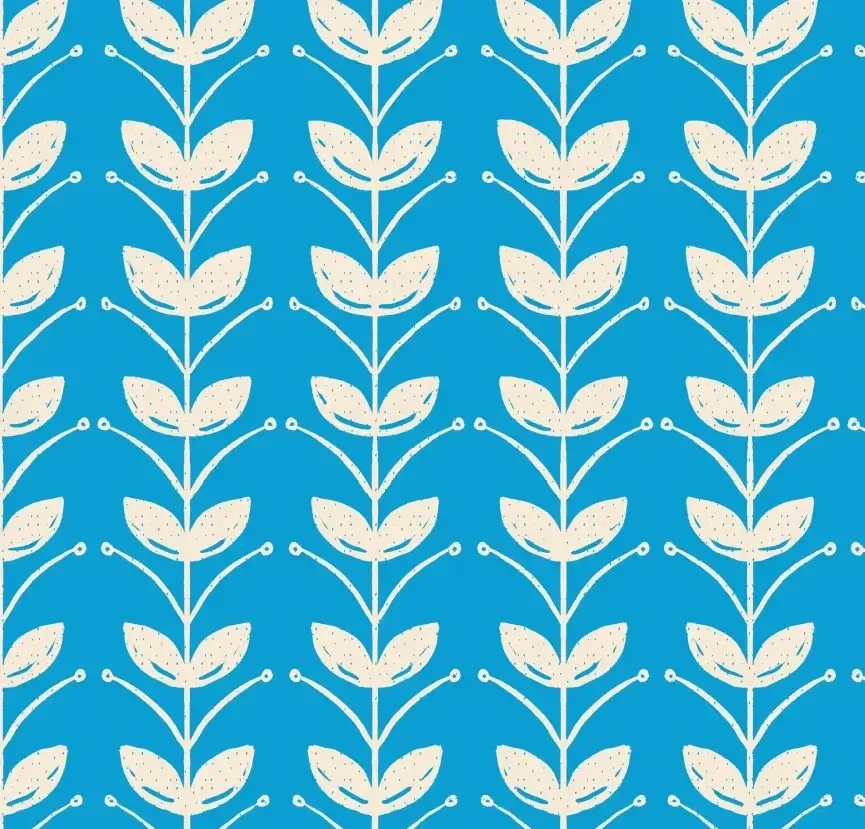 White botanical pattern with recurring leaves connected by stems on a blue background.