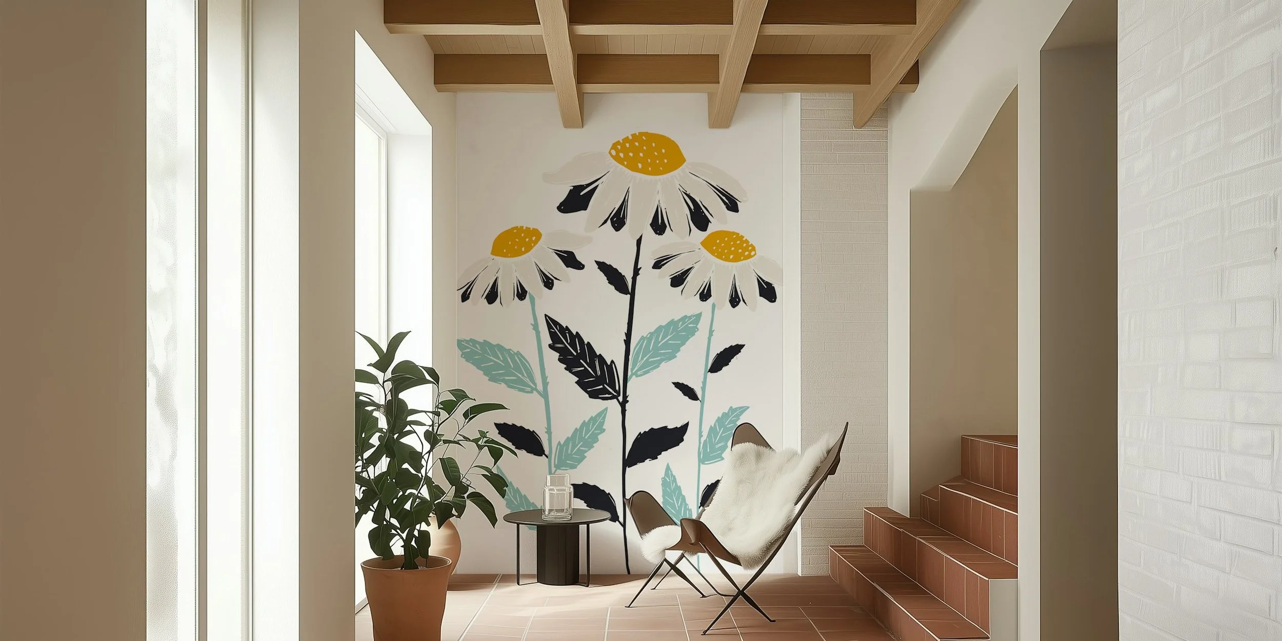Hand Drawn Daisies and Leaves Teal and Yellow-room.jpg
