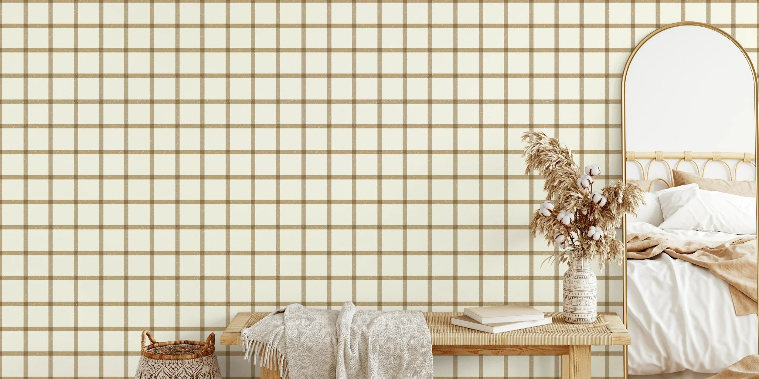Classic beige grid windowpane textured wallpaper
