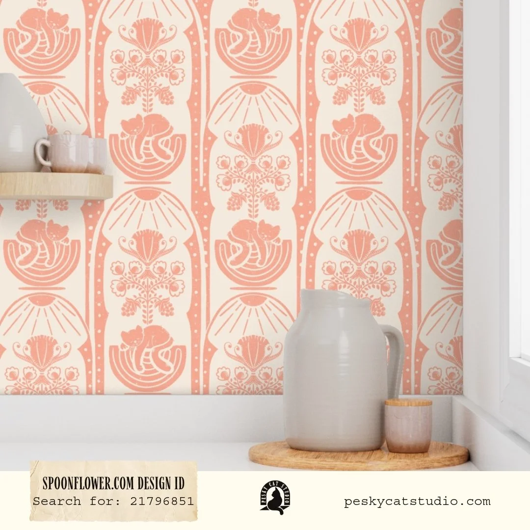 Instant cat lover magnet - I can't get enough of these fun creatures (fun/vicious - who's paying attention, right?).
🐈&zwj;⬛ 🌺 🍑 There are 5 colours to choose from 😃 

https://www.spoonflower.com/en/wallpaper/21796851

@spoonflower 
spoonflowerho