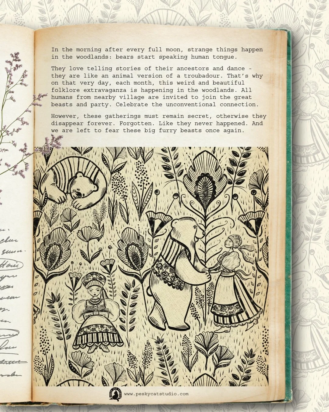 COMING 🔜 ✨  Bear's Tale (or Bear Tales) : Mysterious Woodland ✨ Style? Well I call it Polish Folk Toile de Jouy 😆 I had a lot of challenges getting inspired by the technique I should use on this piece. I am (yet) to embark on my linocutting journey