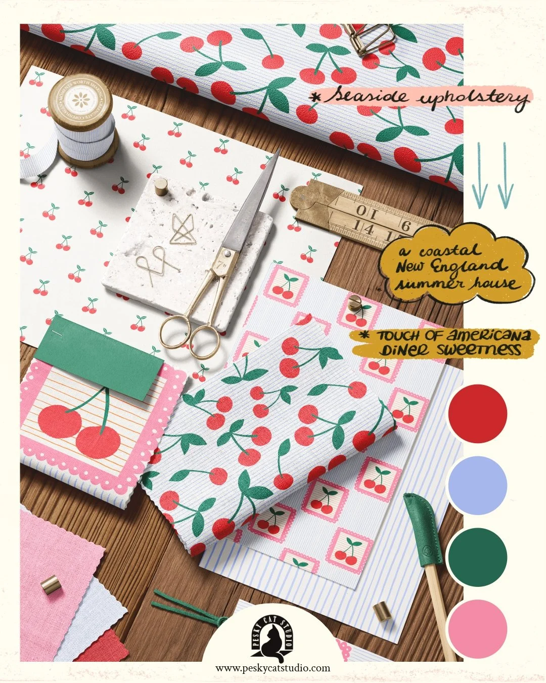 🆕 🍒 Cherry Picking COLLECTION 🍒 now available on @Spoonflower 
Inspired by summers spent climbing cherry trees in my family orchard. I wanted this collection to feel nostalgic rather than overly sweet &mdash; a blend of vintage kitchen textiles, c