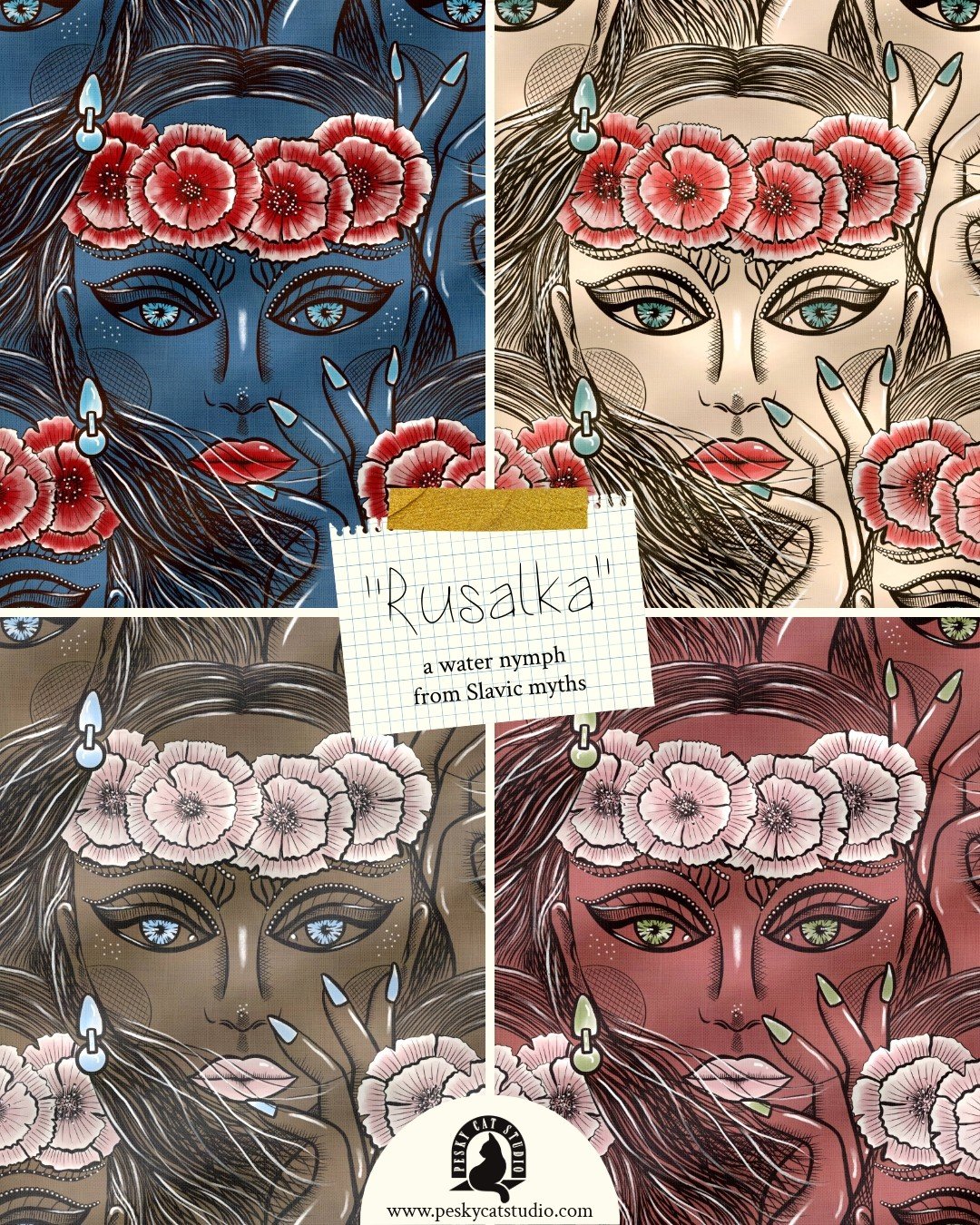A bold folkloric portrait print designed for statement interiors, expressive textiles, and immersive spaces.

Inspired by ceremonial florals, decorative storytelling, and Eastern European folk influences, this pattern was created with large-scale tex