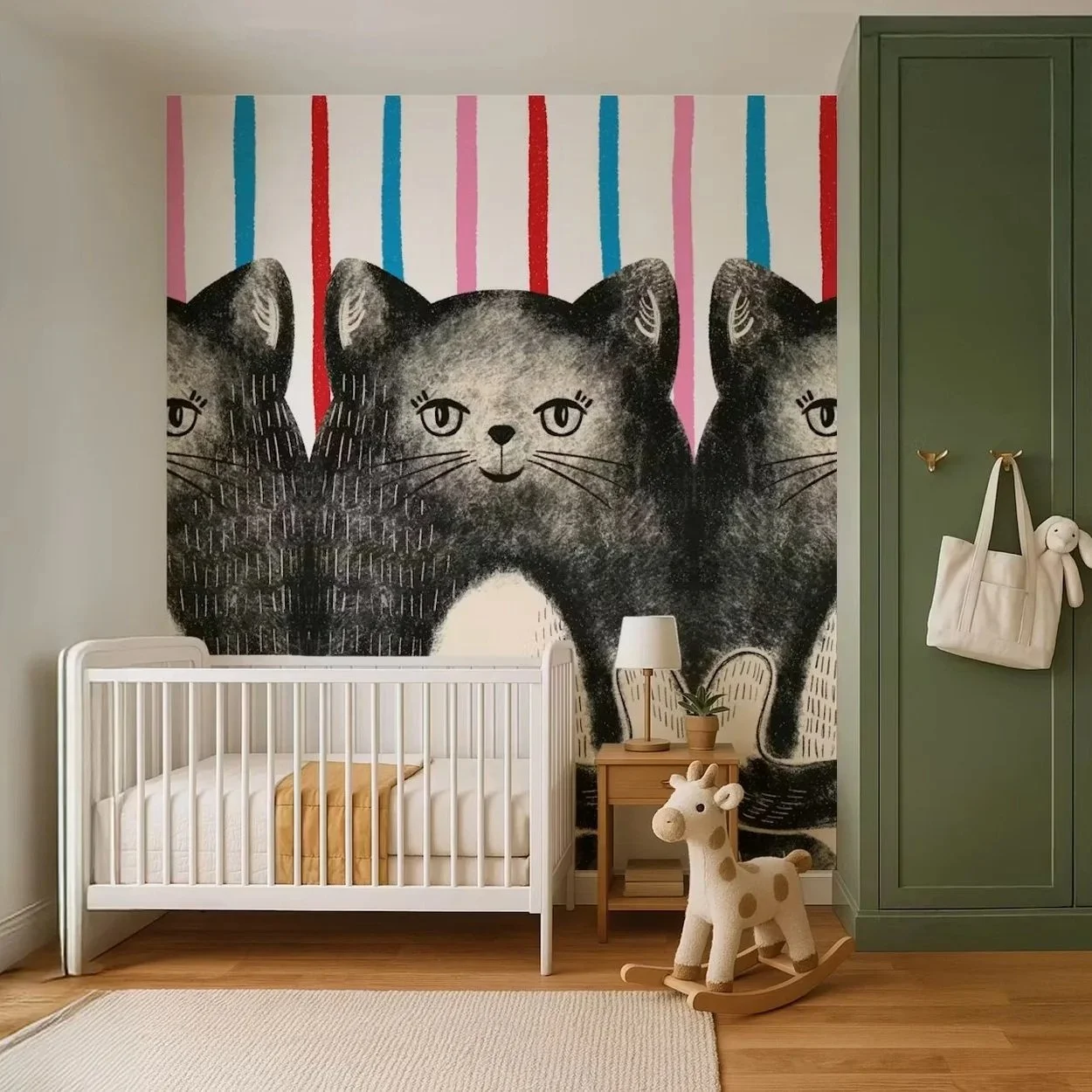 Three Hand Drawn Cats and Stripes Mural for HappyWall.com by Pesky Cat Studio