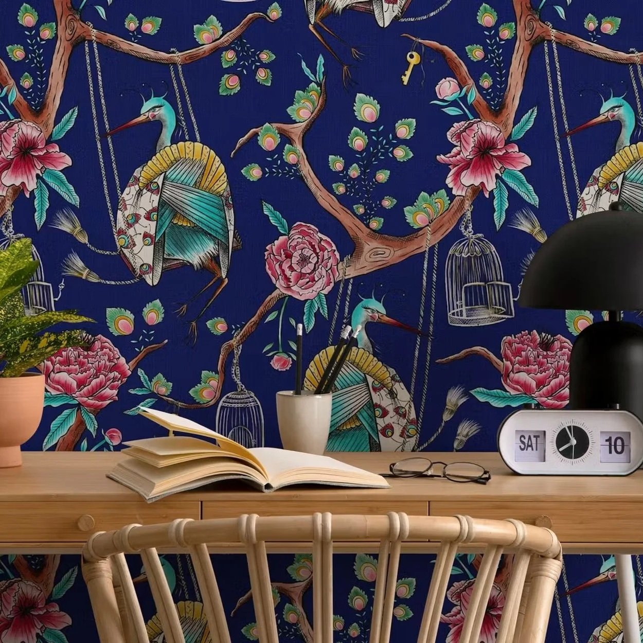 Chinoiserie Cranes Peacock Feathers on Navy from In the Dream I'm Having collection by Pesky Cat Studio
