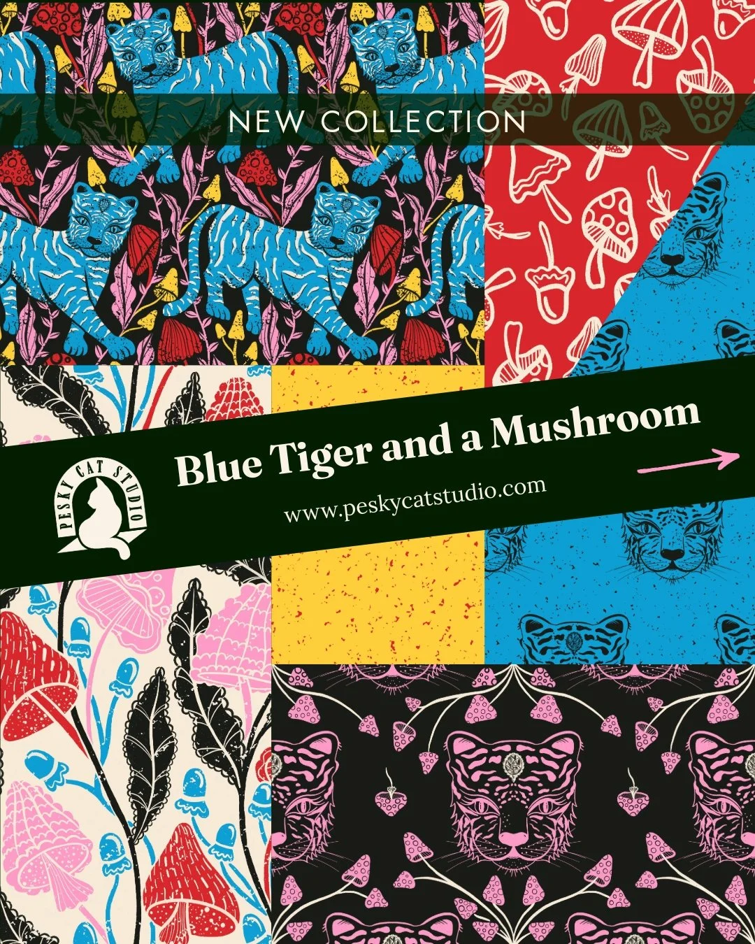 There's a blue tiger loose in the mushroom forest, and it's been waiting for the right walls to prowl. Blue Tiger and a Mushroom is seven pieces built for bedding, stationery, home decor and kids' rooms that actually want a story in them. 

Licensing