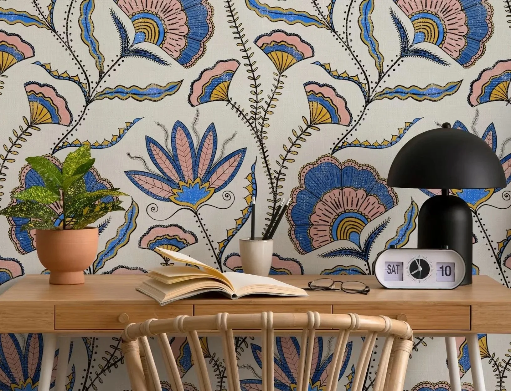 
Modern Chintz Indian Floral Blue and Pink wallpaper by Pesky Cat Studio