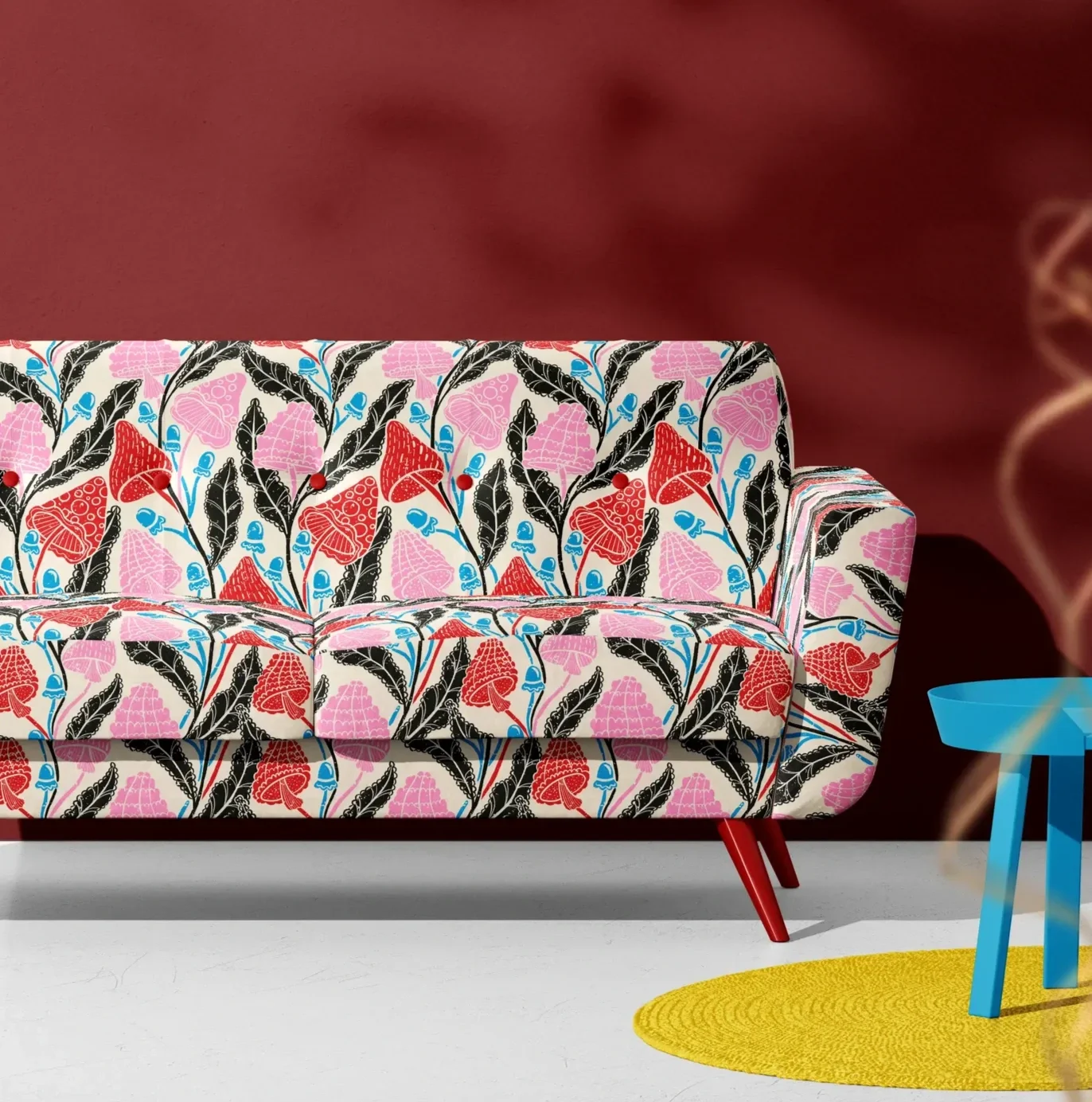 Mushroom and forest foliage upholstery fabric pattern by Pesky Cat Studio