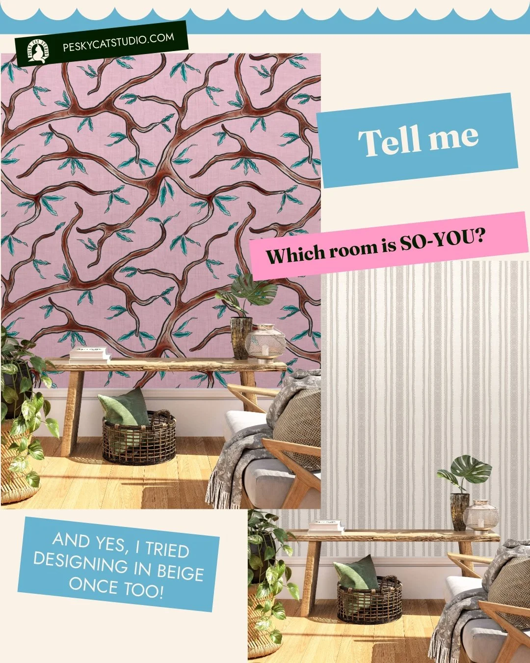 Chinoiserie Pink Tree or the beige ticking stripe? You know my vote! Which one you're picking?
Chinoiserie branches are available on http://Happywall.com
Item number: 153552 (paste in the search bar)

@happywall_com