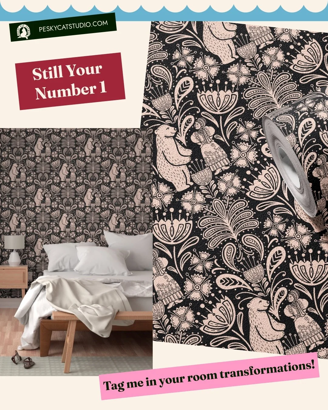 Folklore Woodland Damask-esque: Bear talking to a folk maiden. This blush peachy pink REALLY stands out on dark, moody background, doesn't it? 🖤 
I just love the fact that this pattern is still your number one when choosing wallpapers for your room 