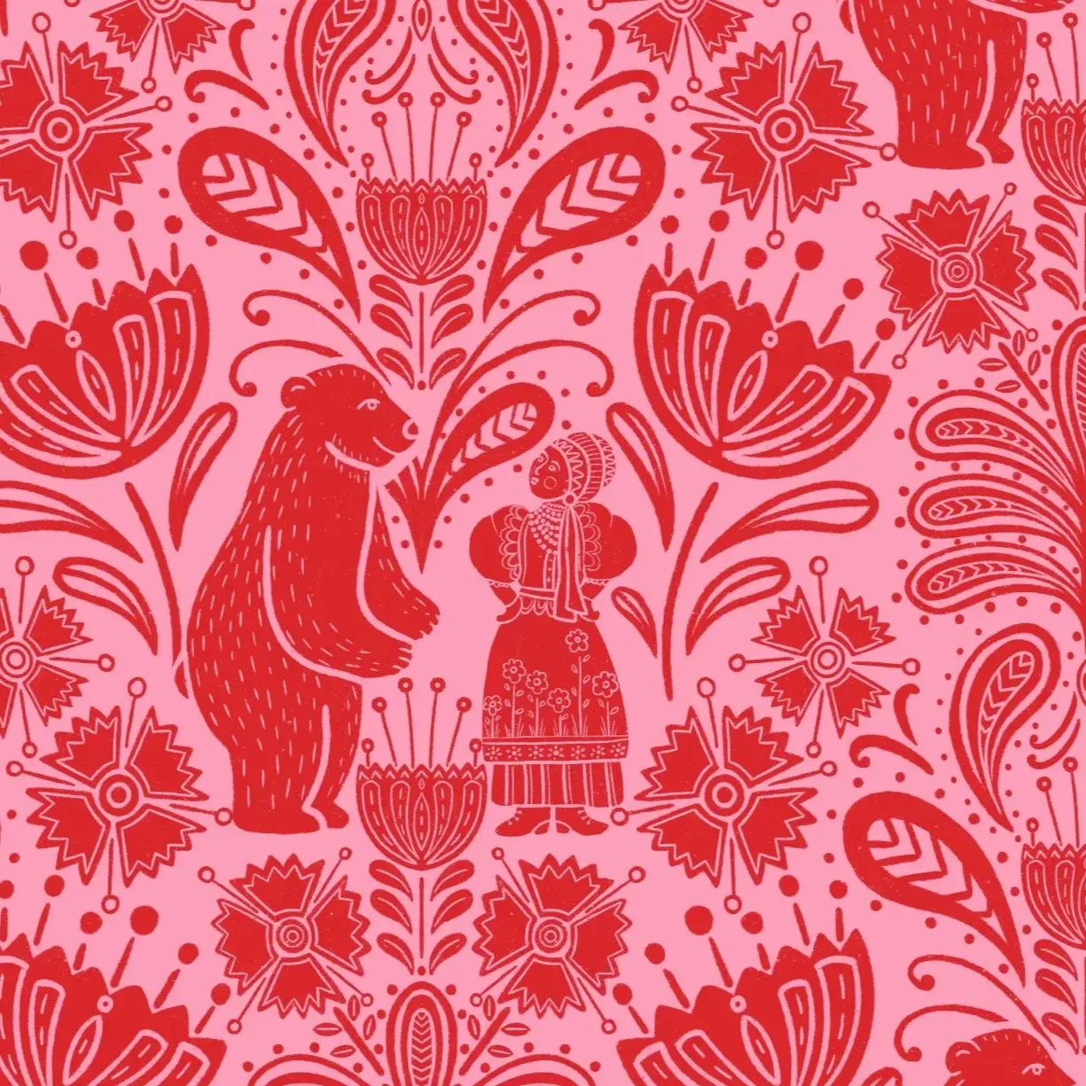 Red folk art pattern featuring a bear, a person in traditional clothing, and various floral and leaf motifs on a pink background.