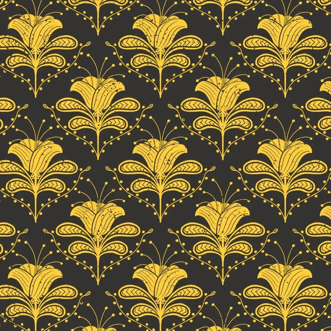Pattern of yellow lilies with intricate line details on a black background.