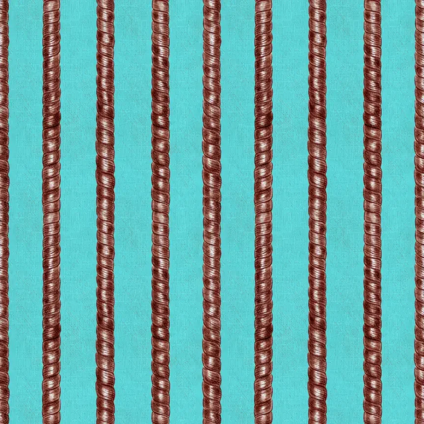 Close-up of a blue background with vertical, textured, brown spiral objects aligned evenly.