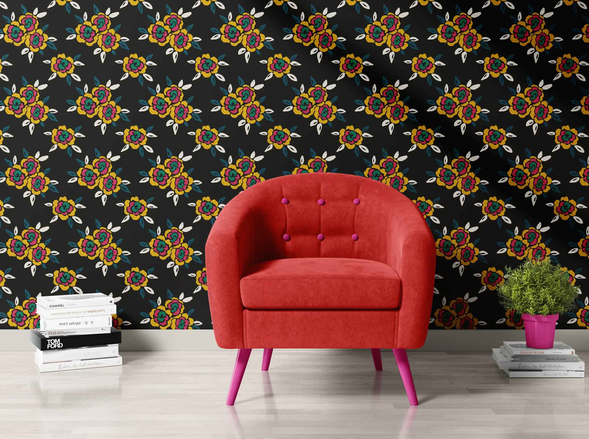 Block print rosettes - dark - wallpaper by Pesky Cat Studio