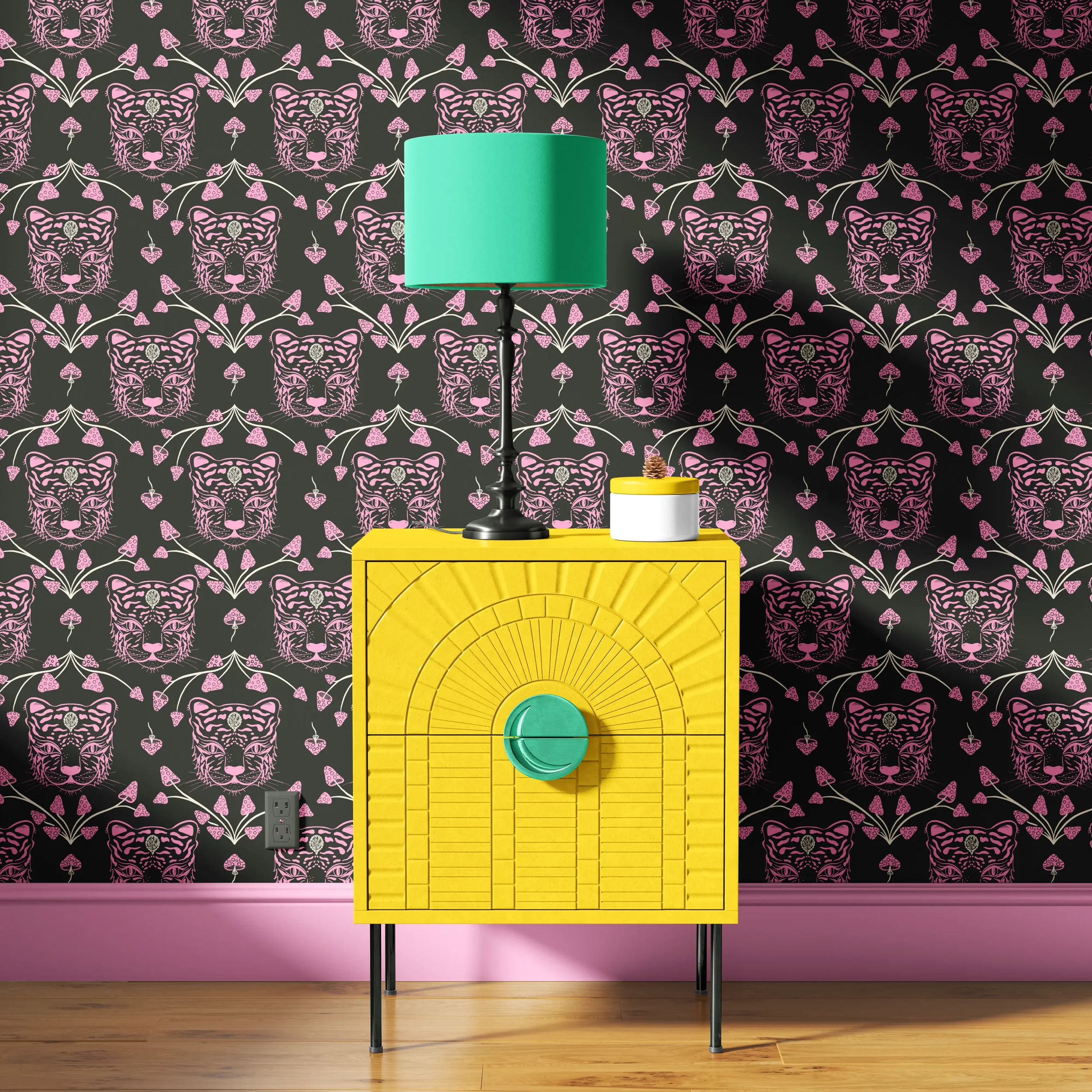 Neon Pink Tiger Heads and Mushrooms on Black wallpaper by Pesky Cat Studio