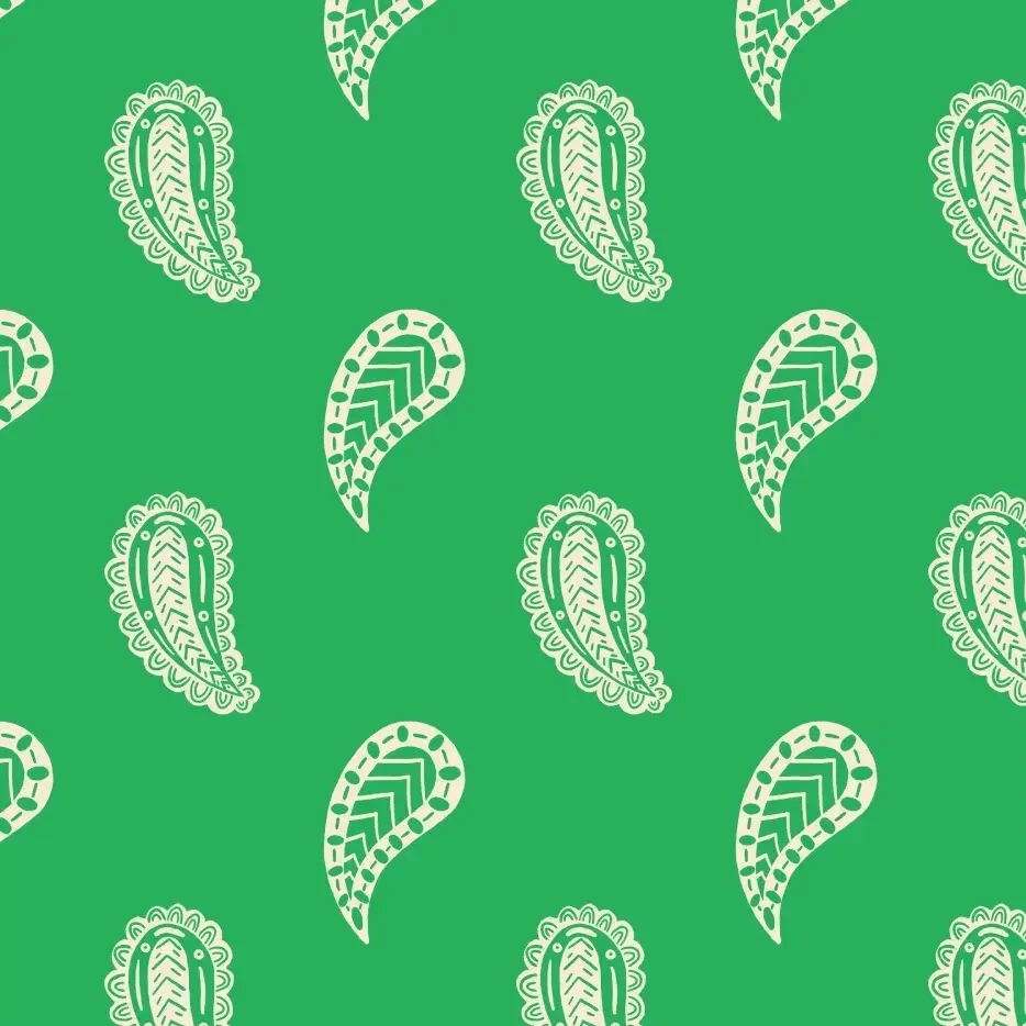 Green background with white paisley patterns.