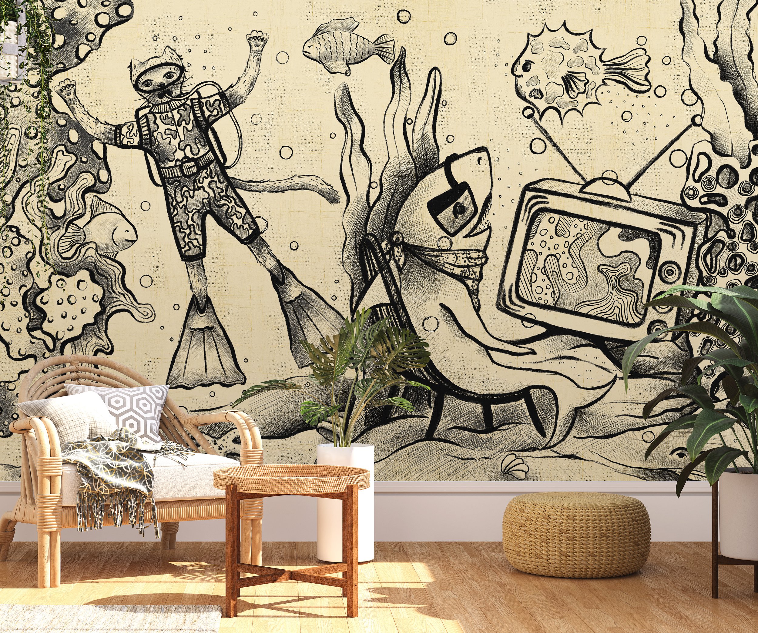 Interior of a living room with a large black and white mural on the wall featuring underwater scene with a scuba diver, fish, and coral. Furniture includes a rattan sofa with patterned cushions, a small wooden table, a potted plant, and a woven ottom
