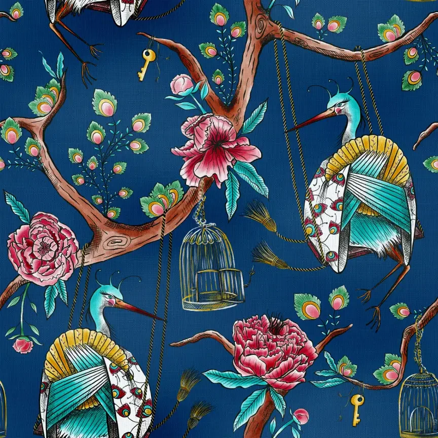 Pattern featuring cranes perched on tree branches with pink flowers, green leaves, birdcages, and hanging keys against a blue background.