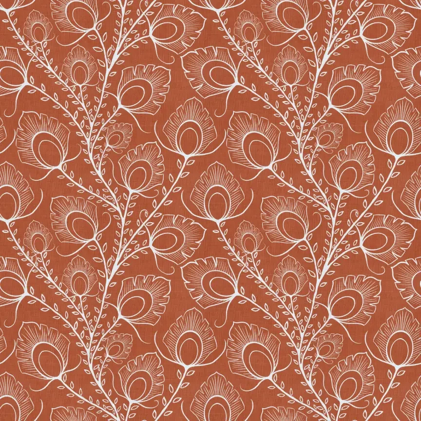 Brown wallpaper with a white floral vine pattern of stylized peacock feathers and leaves.