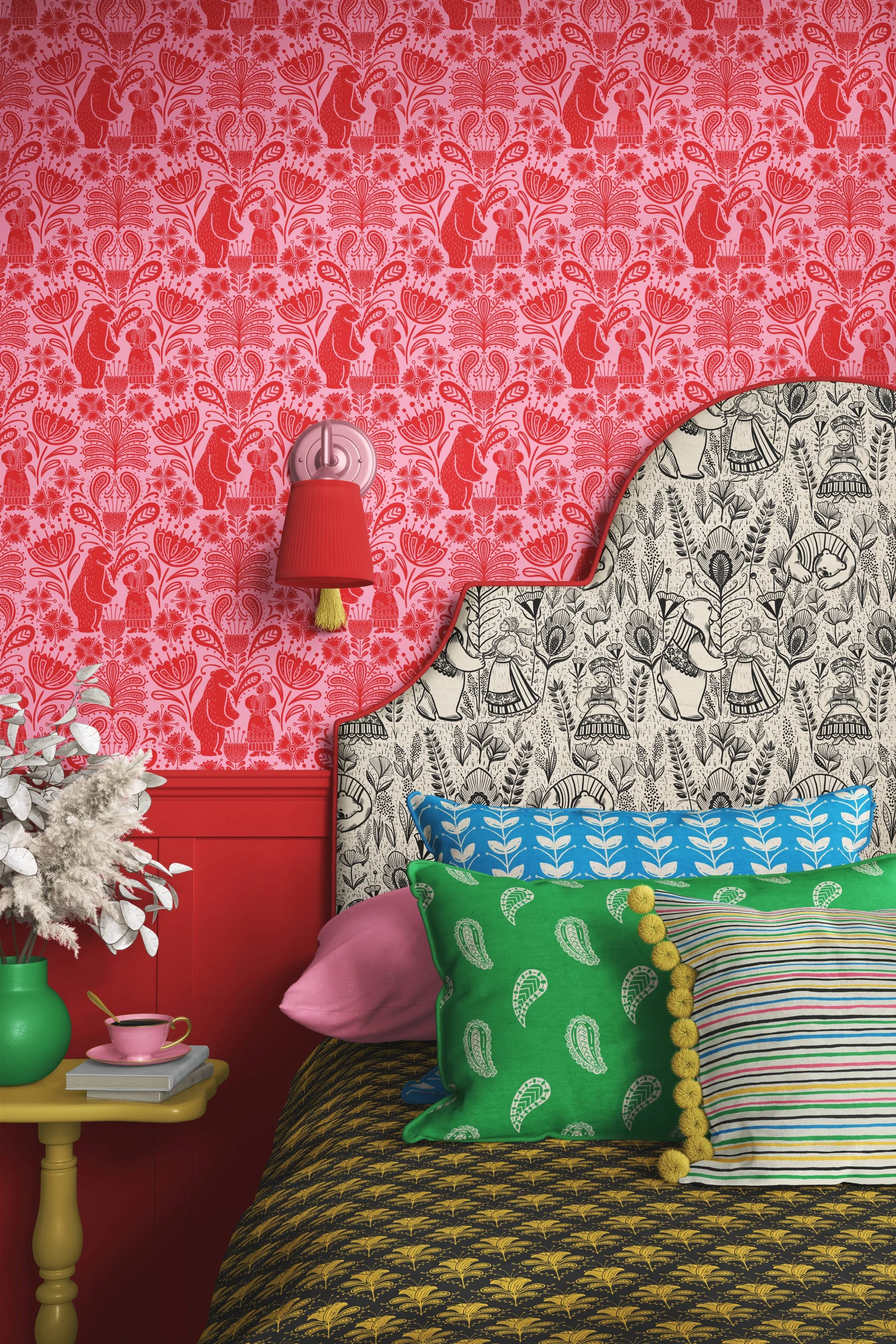 Red on Pink Folklore Bear and Girl Wallpaper with bedding from The Night of the Fern Flower collection