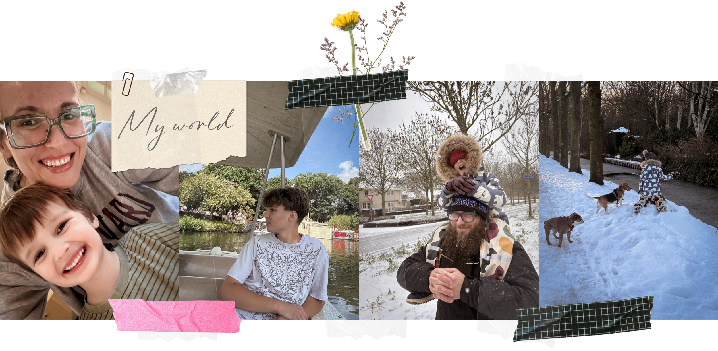 Collage of people enjoying outdoor activities including smiling woman and children, a person on a boat, and kids playing in the snow with dogs.
