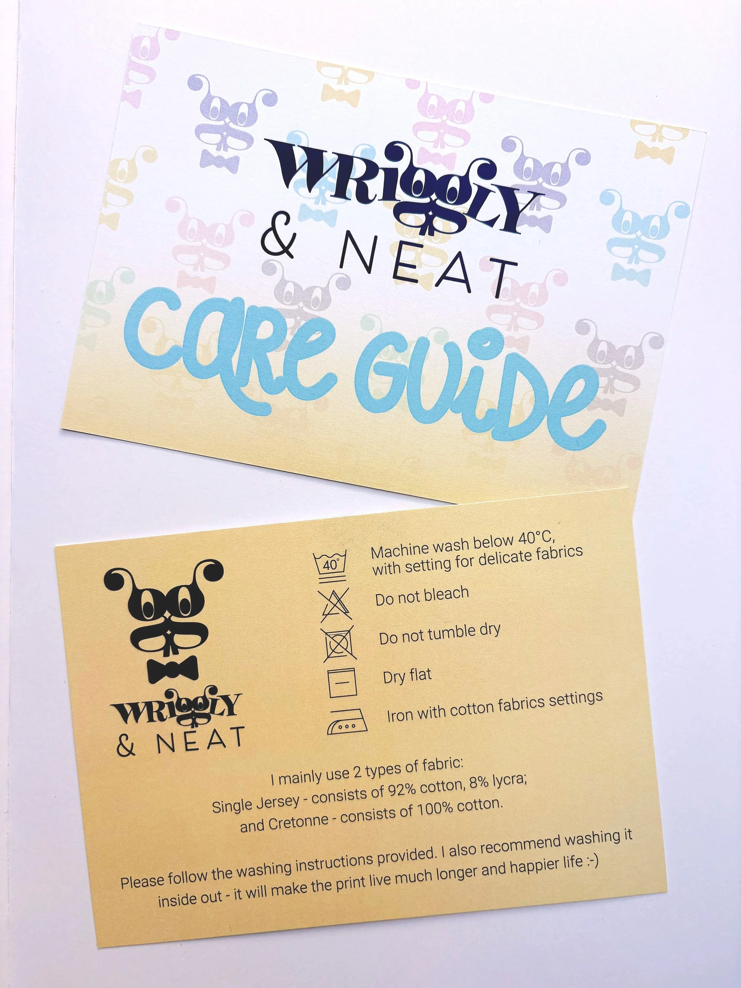 A care guide for wriggly, neat, and clean clothing, featuring washing instructions and fabric details.