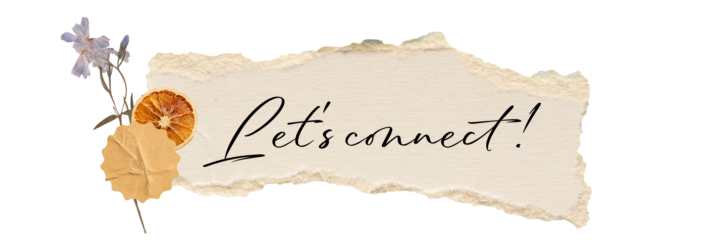 Decorative banner with torn paper, dried orange slice, dried lavender flowers, a crumpled note paper, and the text 'Let's connect!' in cursive.