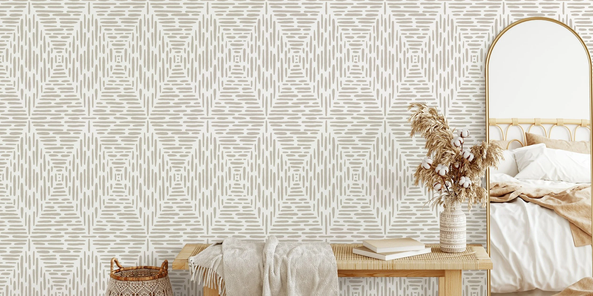Linocut Elegant Symmetrical Diamonds in Beige-room.jpg