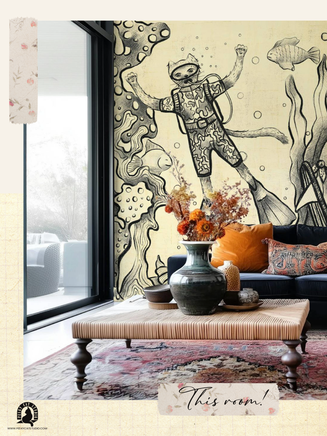 Living room with a large black and white underwater-themed mural featuring a scuba diver, fish, and coral. A dark sofa with orange pillows, a wooden coffee table with vases and dried flowers, and a large window with a snowy landscape outside.
