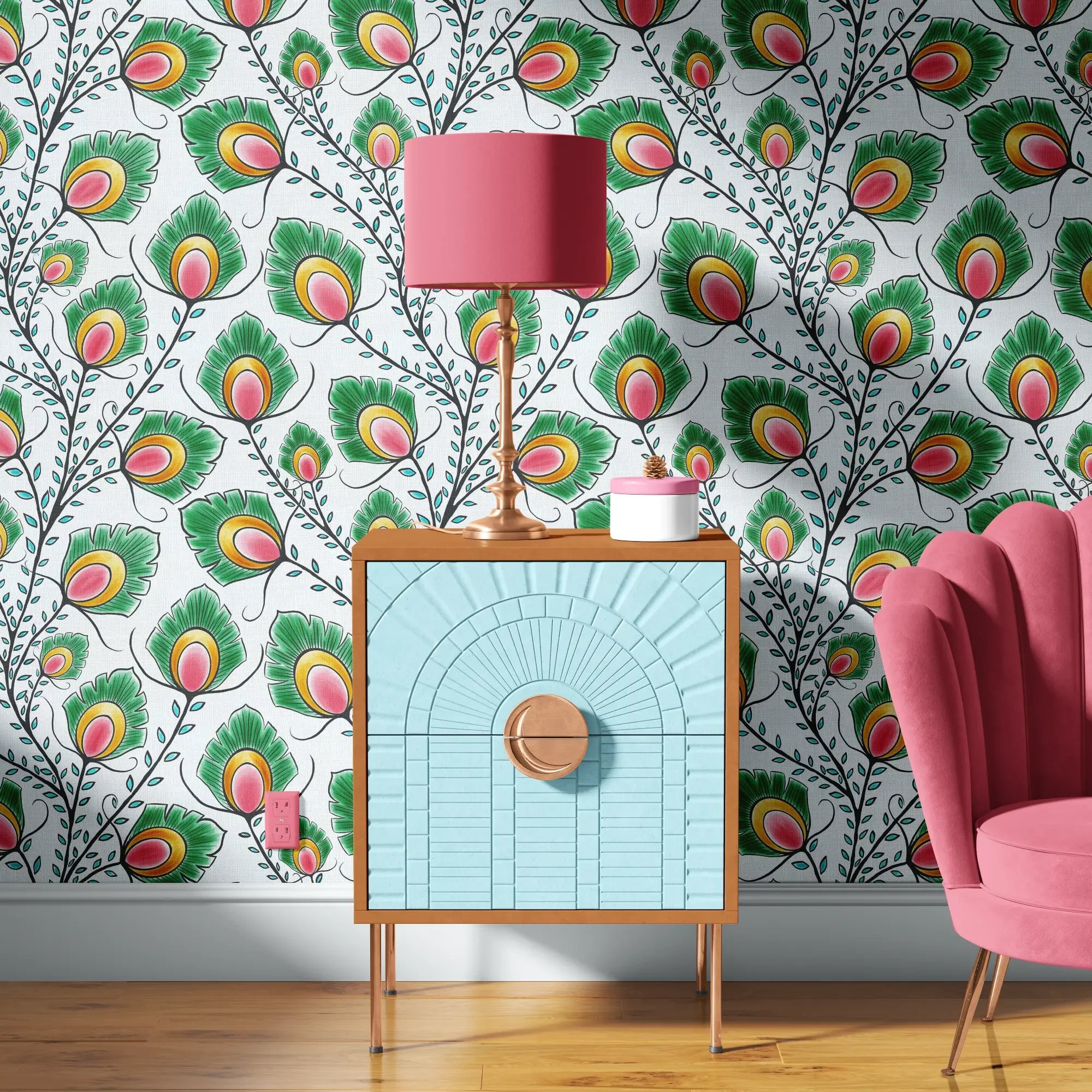 Folk Art Peacock Feathers Emerald Vines wallpaper from Pesky Cat Studio