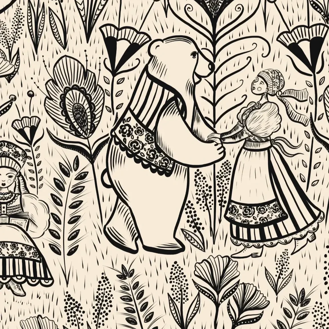 Black and white illustration of a bear in traditional clothing dancing with a woman in a floral dress and headscarf, surrounded by large flowers and stylized foliage.