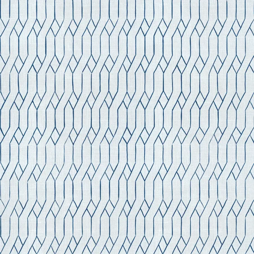 A close-up image of fabric with a geometric pattern of blue lines forming interlocking, dodecagon and diamond shapes on a white background.