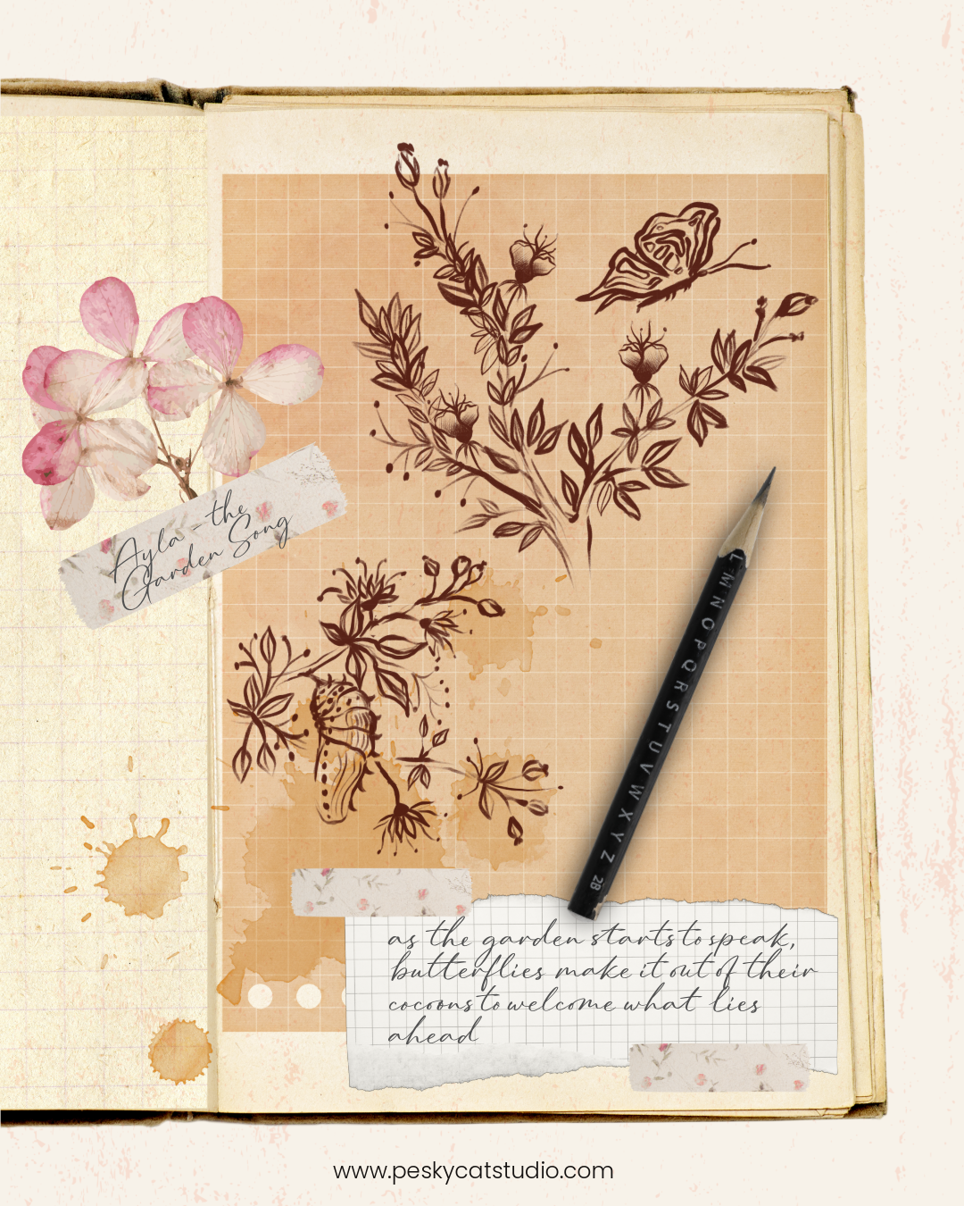 A sketch of a flowering plant with butterflies, a notebook with handwritten text, pink flowers, and water stains on the paper.