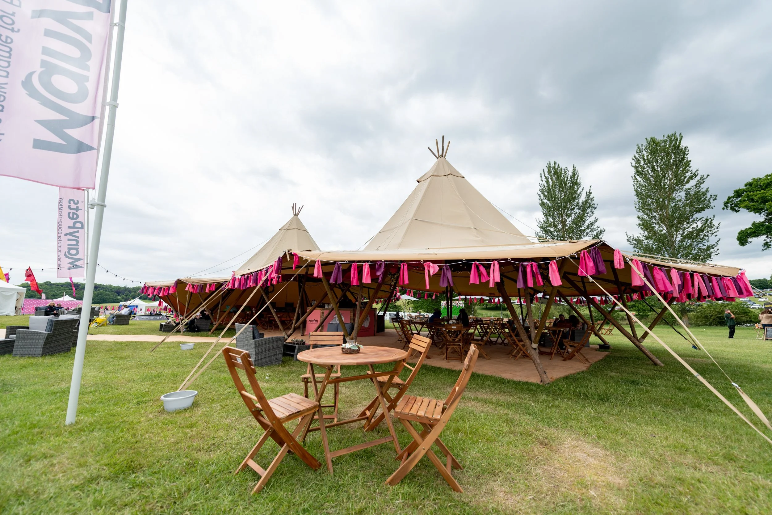 Worcestershire DogFest Outdoor event tent decorated with pink and purple ribbons, with wooden tables and chairs, on a grassy field under a cloudy sky, and trees in the background.