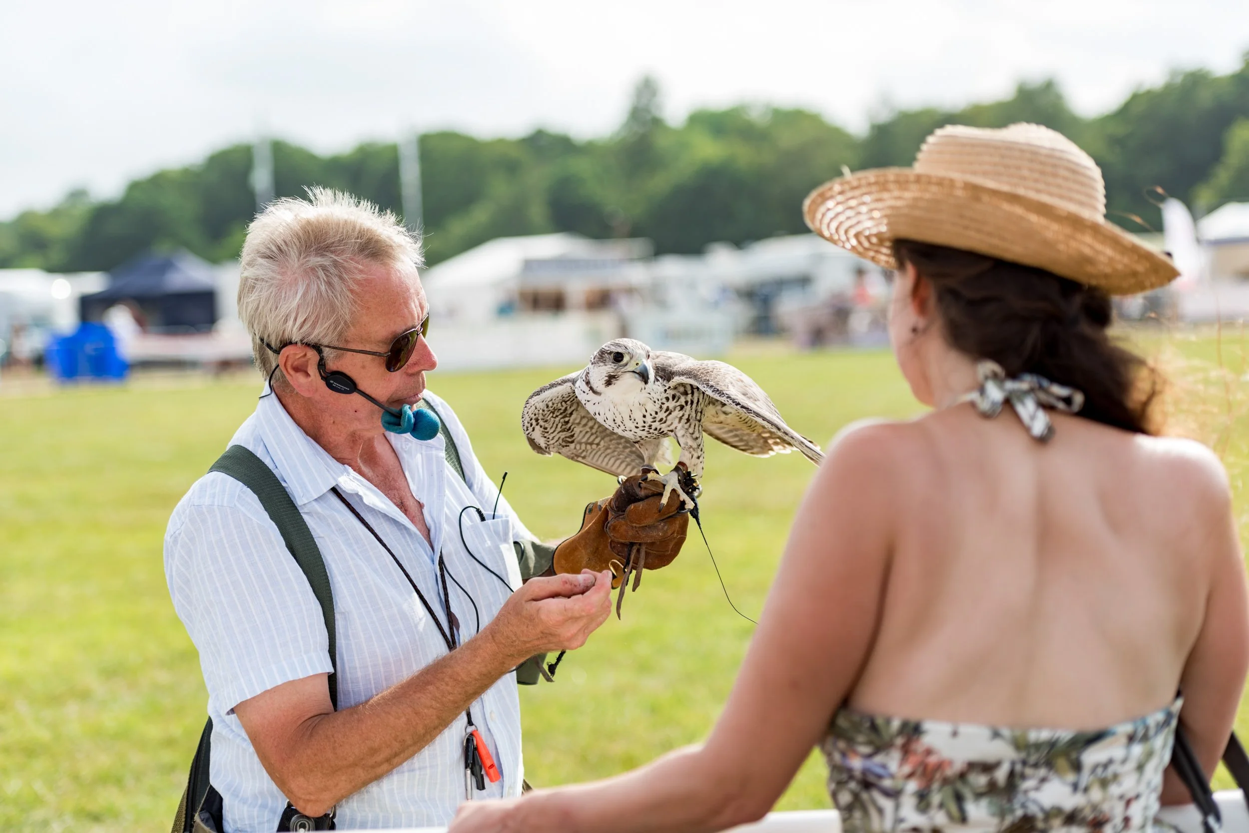 Man with sunglasses and a microphone headset shows a falcon to a woman wearing a wide-brimmed straw hat outdoors at Ragley Hall's Midlands Game Fair