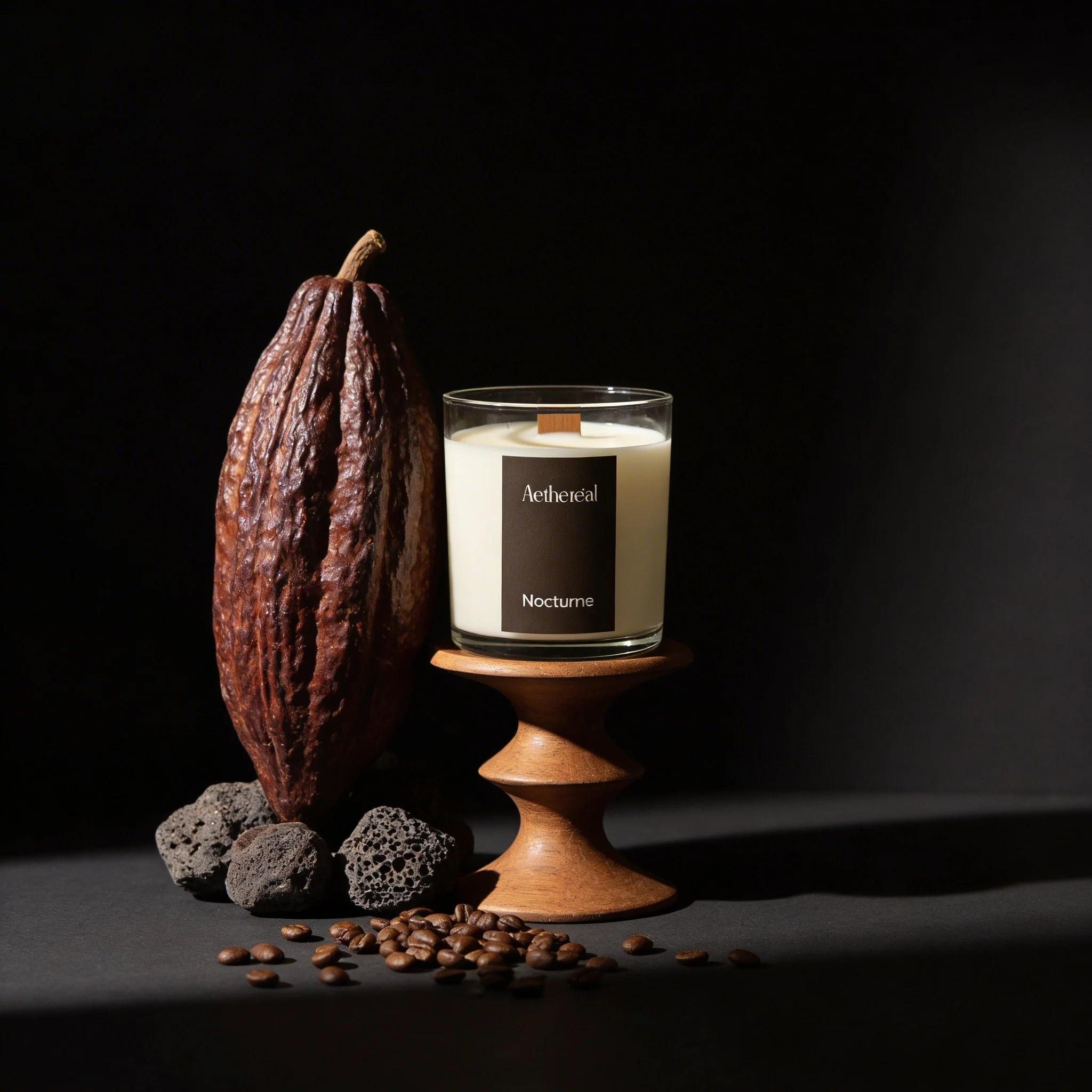 A large cocoa pod, a white scented candle labeled 'Aethereal Nocturne', a small wooden stand, some coffee beans, and volcanic rocks on a dark background.