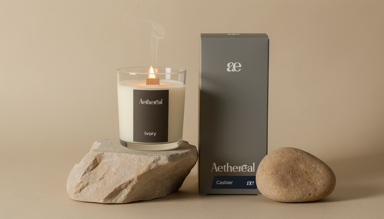 A lit ivory-colored candle in a glass holder labeled 'Aethereal Ivory' is placed on a rock, with a box labeled 'Aethereal' and 'Cashier' standing behind it and a smooth stone beside it.
